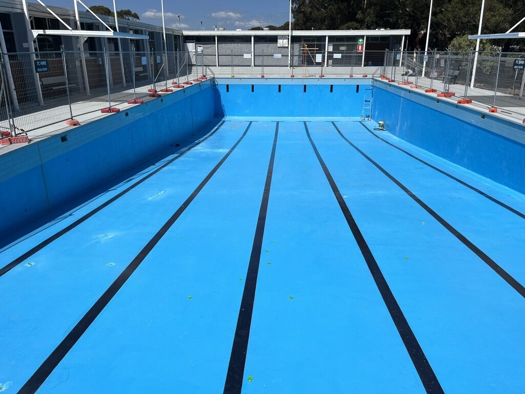 Finished commercial lap pool, wide view